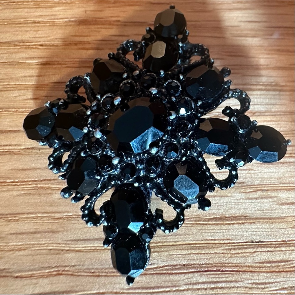 Vintage Victorian  black rhinestones square brooch